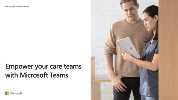 A clinician uses Microsoft Teams on her tablet computer to show a patient information from his electronic health record (EHR).